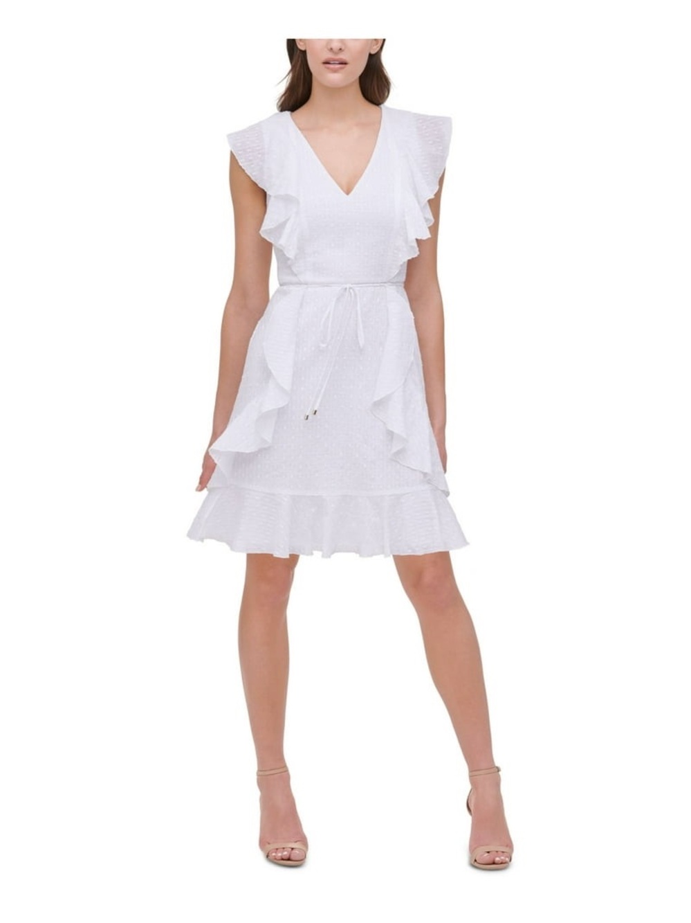 Tommy Hilfiger White Ruffle V-Neck Mini Dress